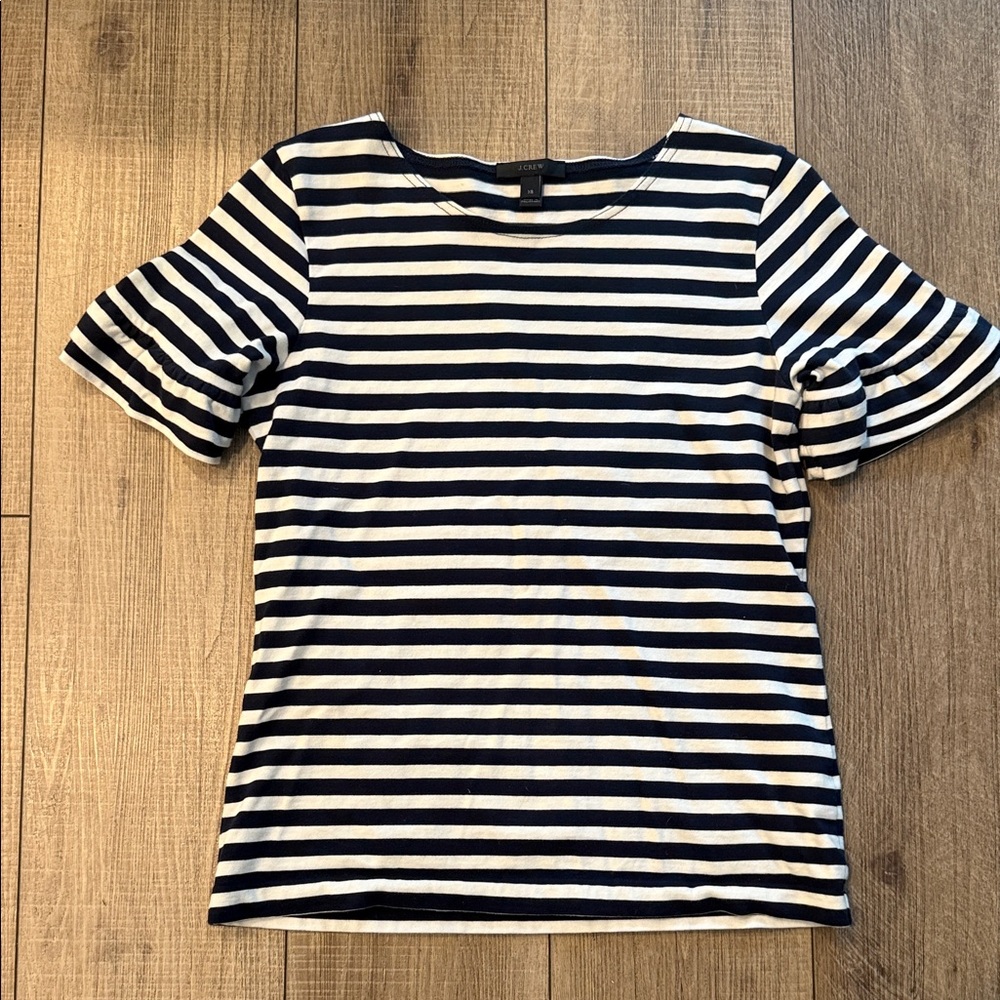 J. Crew Navy and White Striped Ruffle Short Sleeve Tee XS